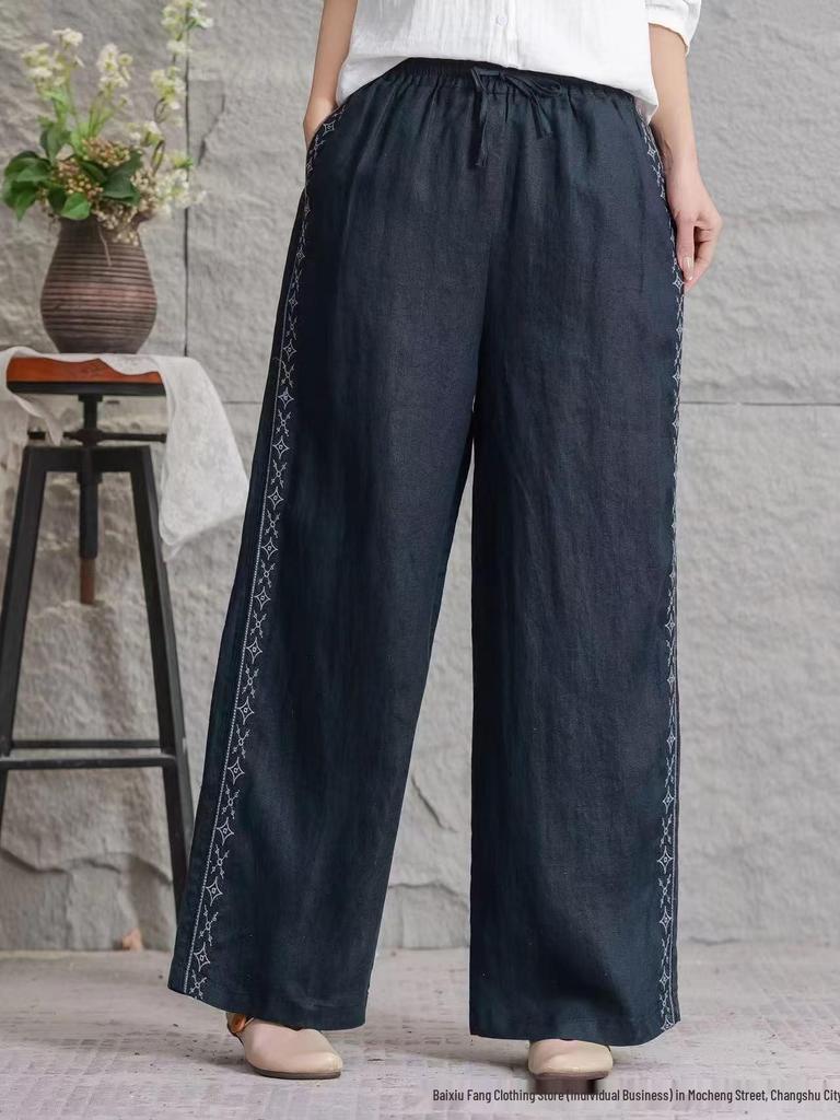 Women's Casual Linen Embroidered Wide-Leg Trousers, Summer 2026 Fashion, Slimming Loose Fit, Large Size Available