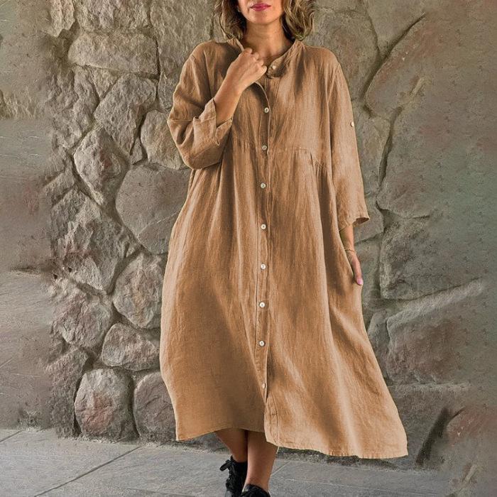 

European Fluorescent Green Loose Slimming Mid-Sleeve Stand-Collar Long Cardigan Dress - White/Black 2XL хаки