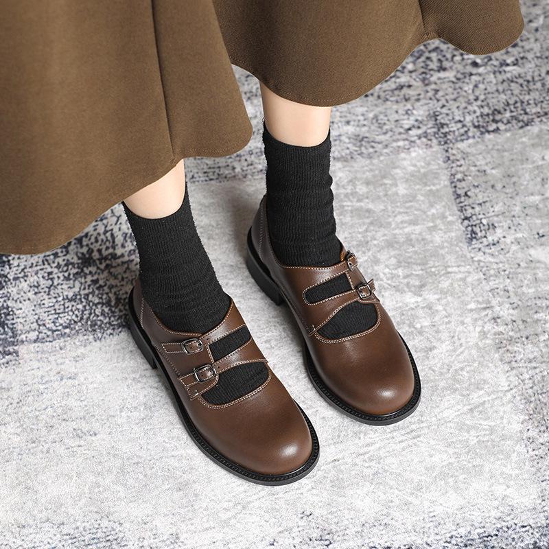 Chunky Heel Mary Jane Shoes - Autumn/Winter College Style, Round Toe, Medium Heel, Retro Leather