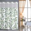 No Hook Green Leave Pattern Shower Curtain With Snap-In Fabric Liner, Sheer Top Window, Waterproof Double Layer Bathtub Curtain