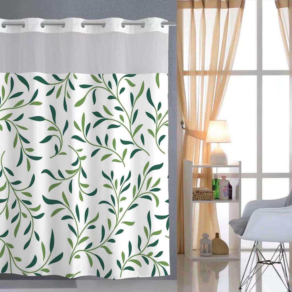 No Hook Green Leave Pattern Shower Curtain With Snap-In Fabric Liner, Sheer Top Window, Waterproof Double Layer Bathtub Curtain