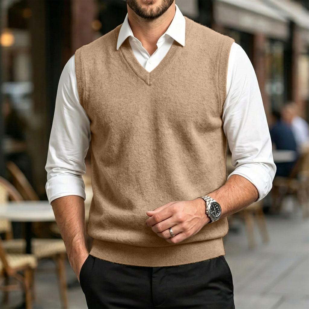 Men's Casual Wool V-Neck Knit Sweater Vest for Commute and Daily Wear