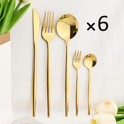 6People Gold Cutlery Set Mirror Stainless Steel Dinnerware Set Knife Cake Fork Tea Spoon Silverware Flatware Party Western Kitchen Tableware