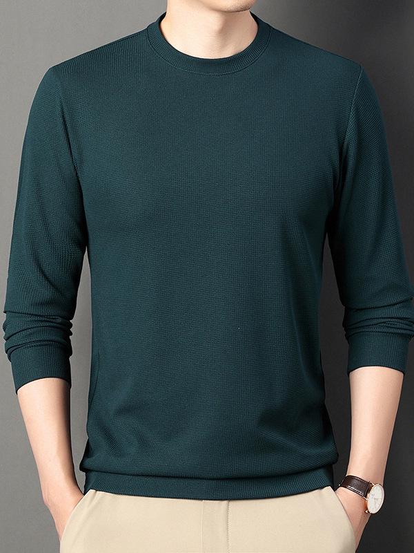 Men's Waffle Knit Long-Sleeve Hoodie - Solid Color Versatile Round Neck T-Shirt for Spring and Autumn