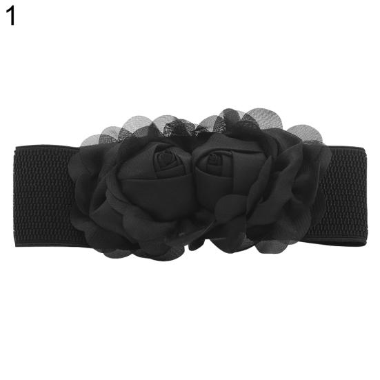 Women's Fashion Double Rose Flowers Elastic Stretch Waist Belt Wide Stretch Waistband
