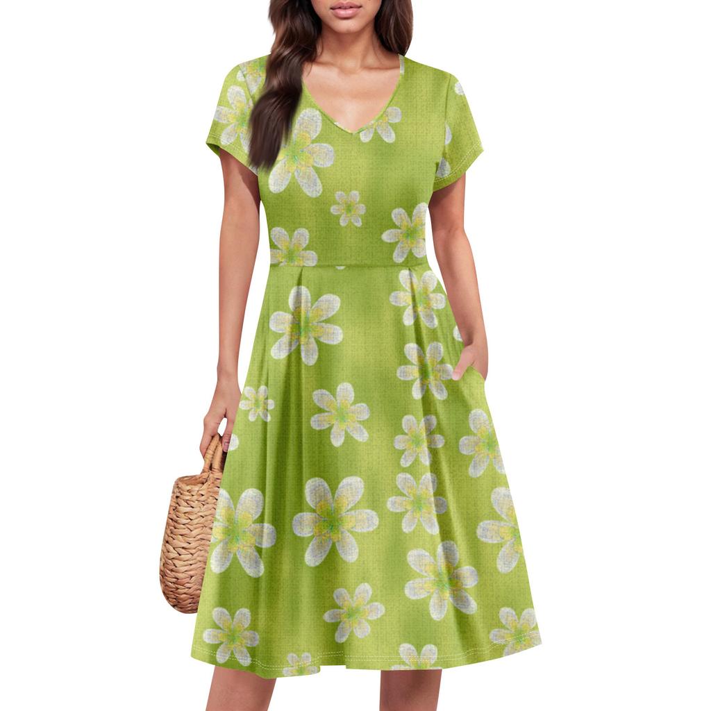 Womens Summer Dress Short Sleeve V Neck Short Dresses Fashion Casual Flowy A Line Swing Sundress With Pocket