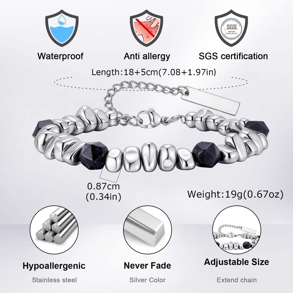 Fashion Hiphop Irregular Beaded Natural Stone Bracelets, Simple Vintage Stainless Steel Adjustable Bracelet for Men Jewelry
