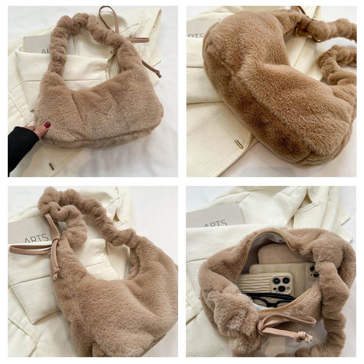 Solid Color Bow Decoration Plush Shoulder Bag With Zipper Closure For Daily Use