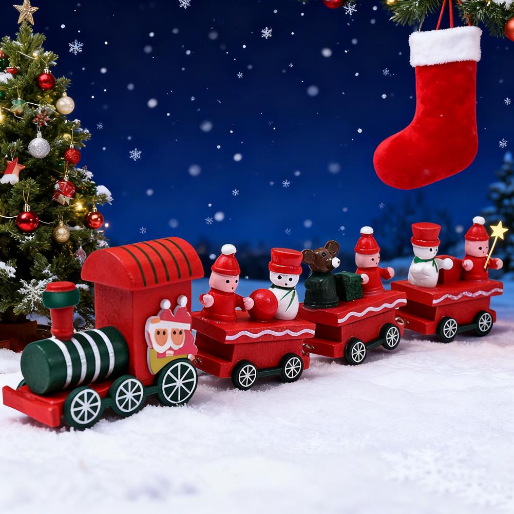 Christmas Table Decorations Mini Train Ornaments Wooden Christmas Train with Santa Snowman for New Year Holiday Party Decor Gift