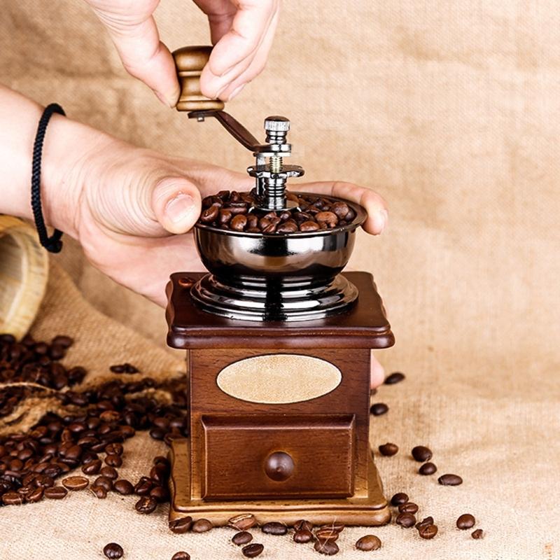 Wooden Hand Crank Coffee Grinder Space Saving Manual Miniature Espresso Maker with Cast Iron Burr Coffee Equipment