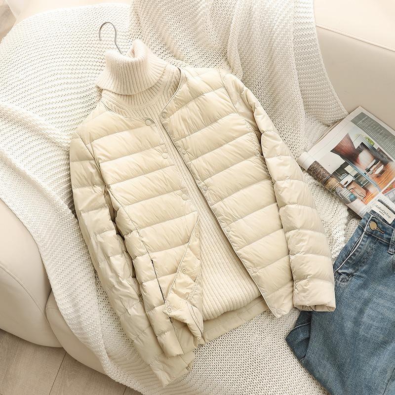 

Light down jacket women s short autumn and winter new round neck long sleeve white duck down lightweight large size coat M абрикосовий