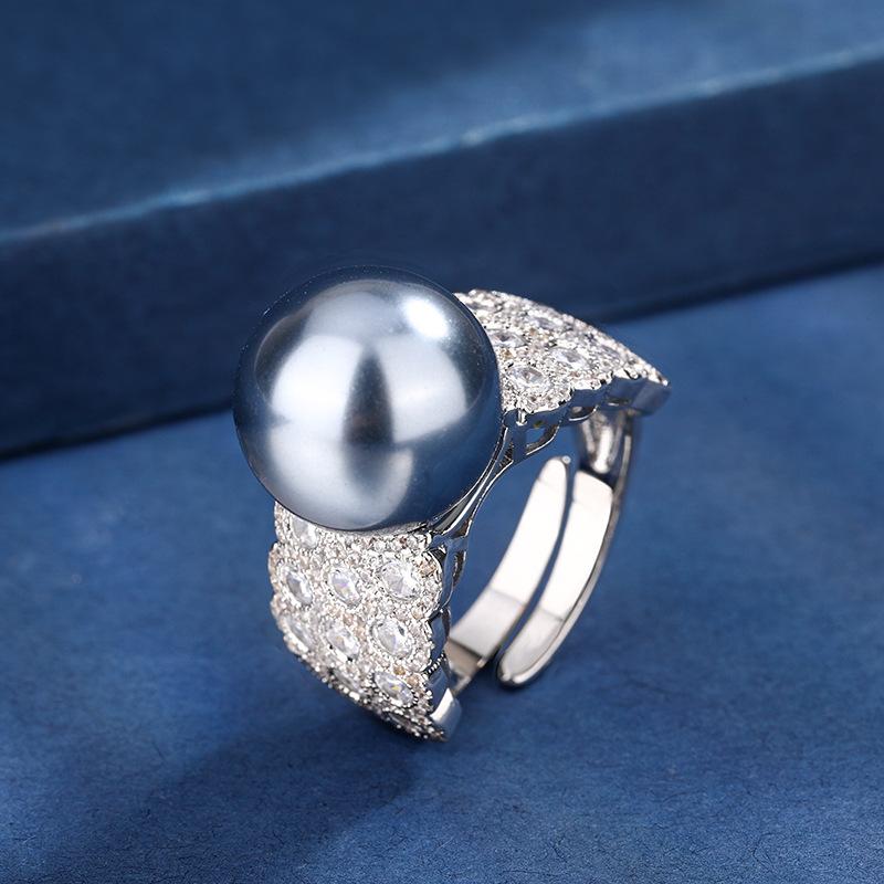 Jewelry Copper Platinum Plated Row Ring Pearl Temperament Personality Women'S Ring 14Mm