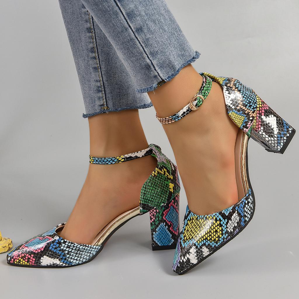 Fashion Aphixta Snake Pattern High Heel Sandals Summer Elegance Retro Women's Square Heel Sandals Size 33-46 Pearl Chain Design