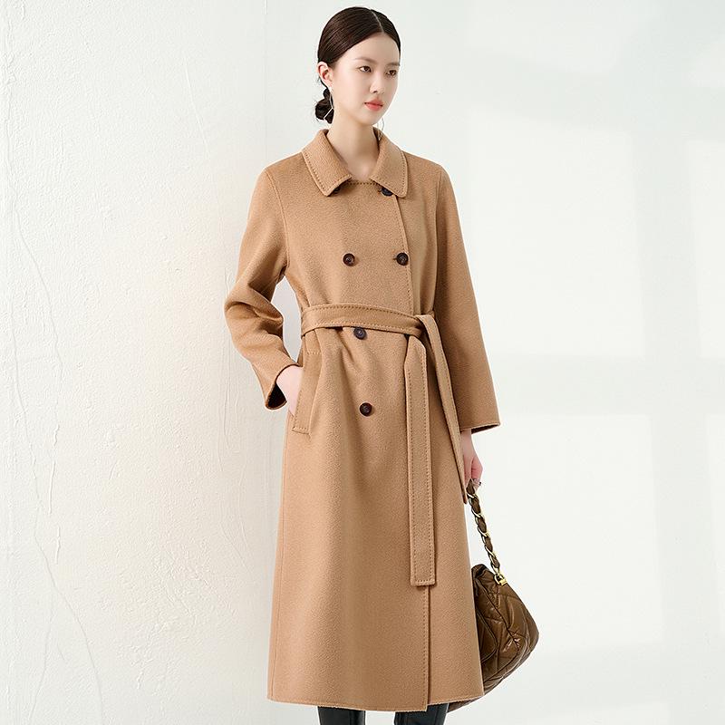 Women's Long Double-Faced 100% Pure Cashmere Ripple Coat with Horn Buttons for Autumn/Winter