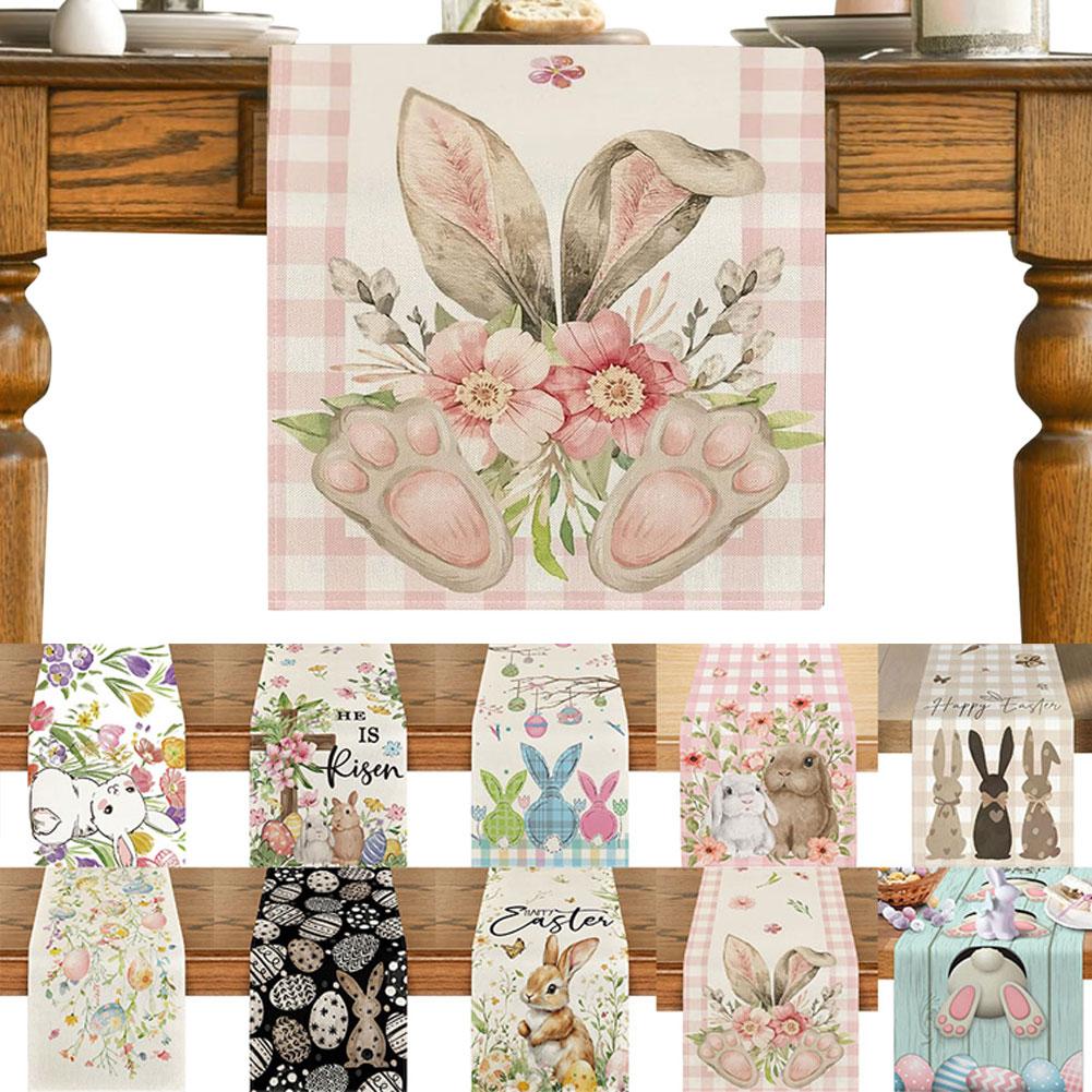 Easter Bunny Linen Table Runner Easter Rabbit Table Runner Bunny Dining Table Cloth Placemat for Kitchen Dining Table Decor