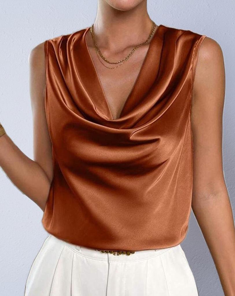 European & American Style Women's Satin Silk Sleeveless Pleated Top for Autumn