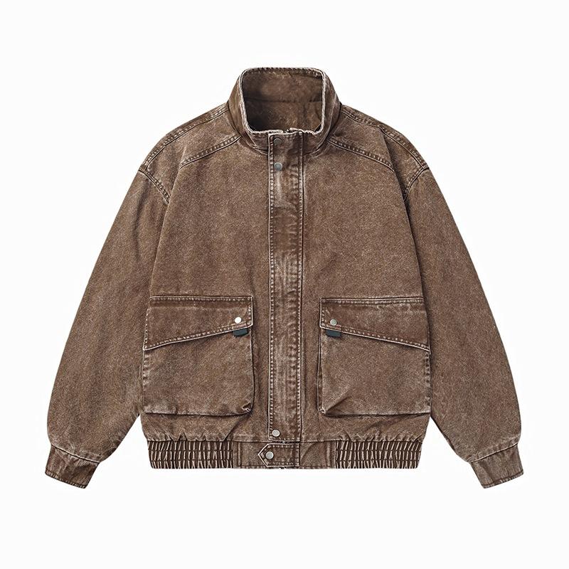 Men Spring Autumn Casual Washed Jacket Outerwear Large Size Stand Collar Workwear Coat Male Retro Clothing