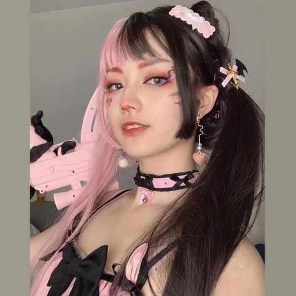 Peruca japonesa fofa de anime longa ondulada preta de cores mistas rosa para cosplay lolita (Só peruca)
