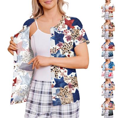 Women Post Surgery Short Sleeve Shirt Four Pocket Button Front Independence Day Print Lightweight Comfortable Fit