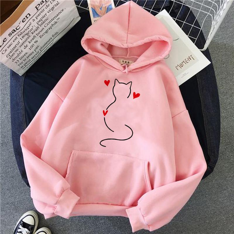 Fall Winter Long Sleeve Kangaroo Pocket Casual Hoodies Women's Graphic Vintage Sweatshirt Funny Cat Print Hoody Hooded Clothing