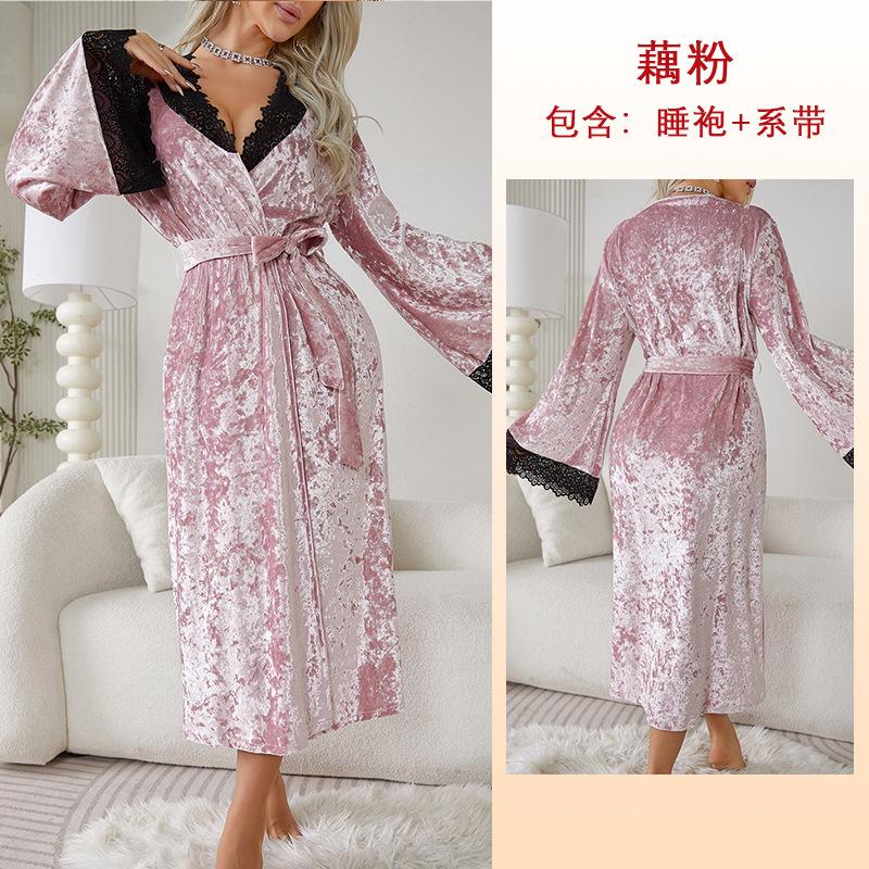 

Длинный халат сексуальный кружевной легкий роскошный бархатный ночной халат с длинными рукавами L