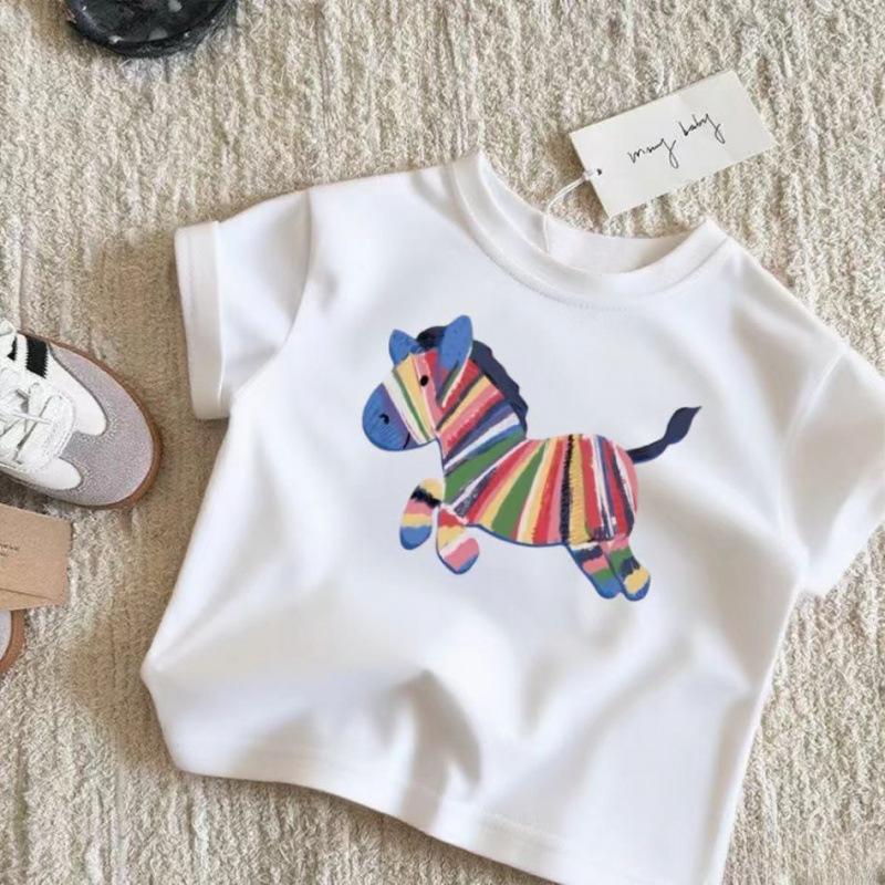 Kids Pure Cotton Cartoon Short Sleeve T Shirt Summer Baby Toddler Round Neck Top