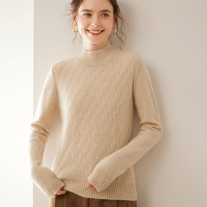 Women's Cashmere Knit Pullover: Vertical Stripe, Half-High Collar, Thickened, Warm, Long-Sleeved, Solid Color Base Layer
