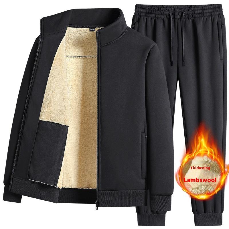 Lamb Fleece Stand Up Collar Sports Set, Casual Winter Wear, Hoodie, Men's 2 Piece Set