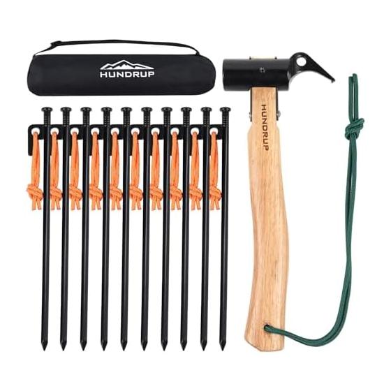 HUNDRUP Peg Hammer, Wooden Handle, Camping Hammer/Peg Hammer Set Selectable, Peg Hitting, Peg Removal, Storage Bag Included, Outdoor Touring,