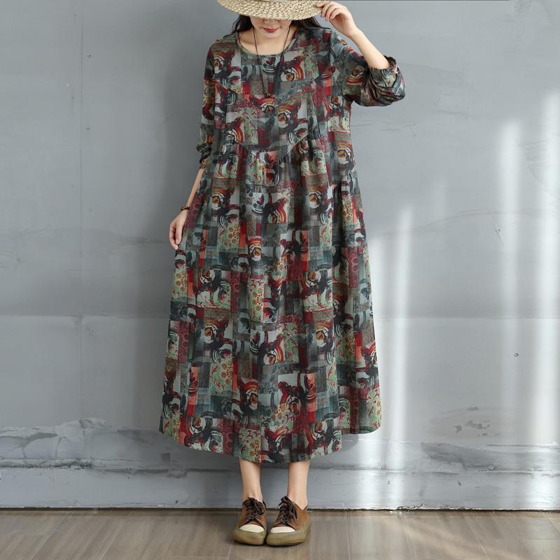 DIMANAF 2025 Dam Plus Size Vår Lång Klänning Lös Basic Tryck Vintage Casual Blommig Oversize Lång Ärm Maxi