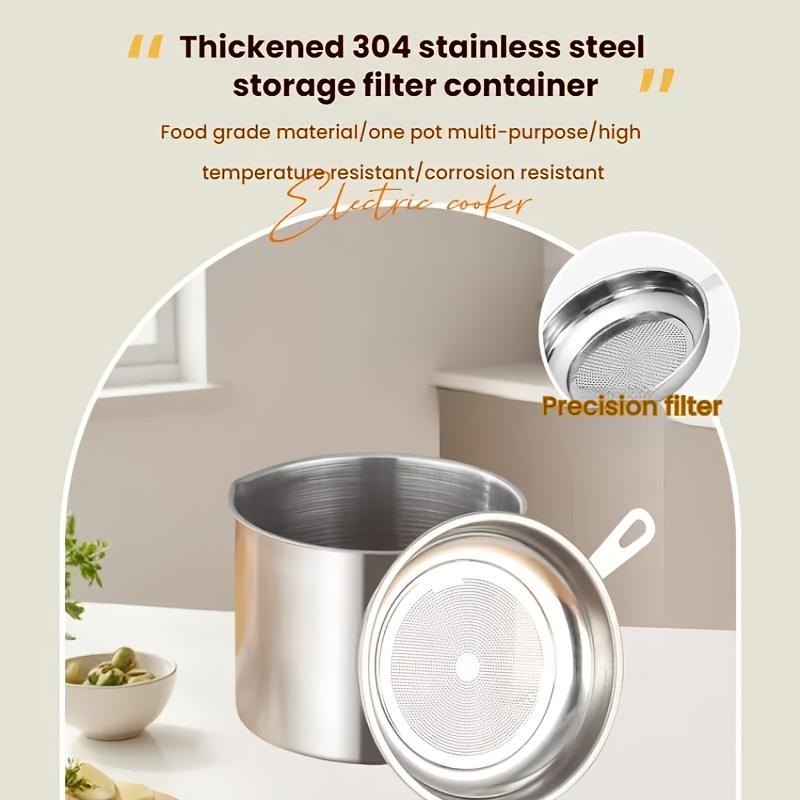 1.3L Stainless Steel Grease Filter Container, Easy-Clean Oil Bottle with Lid & Strainer, High Temp Resistant.
