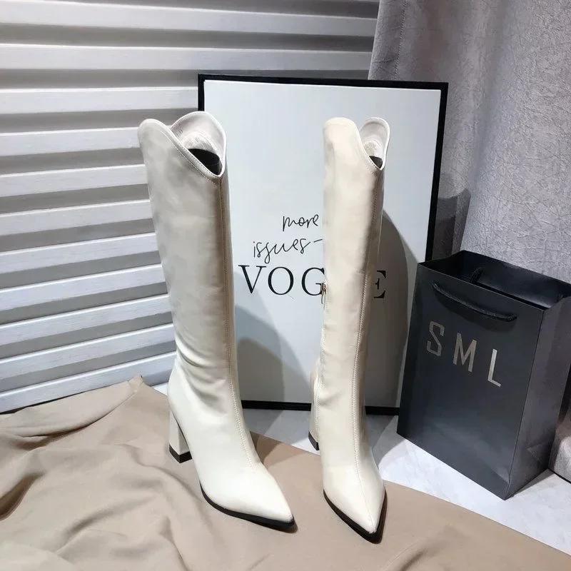 Pu Leather Long Boots Women Fashion V-Port Pointed Toe Knee High Boots Ladies Sexy Chunky High Heel Shoes Botas