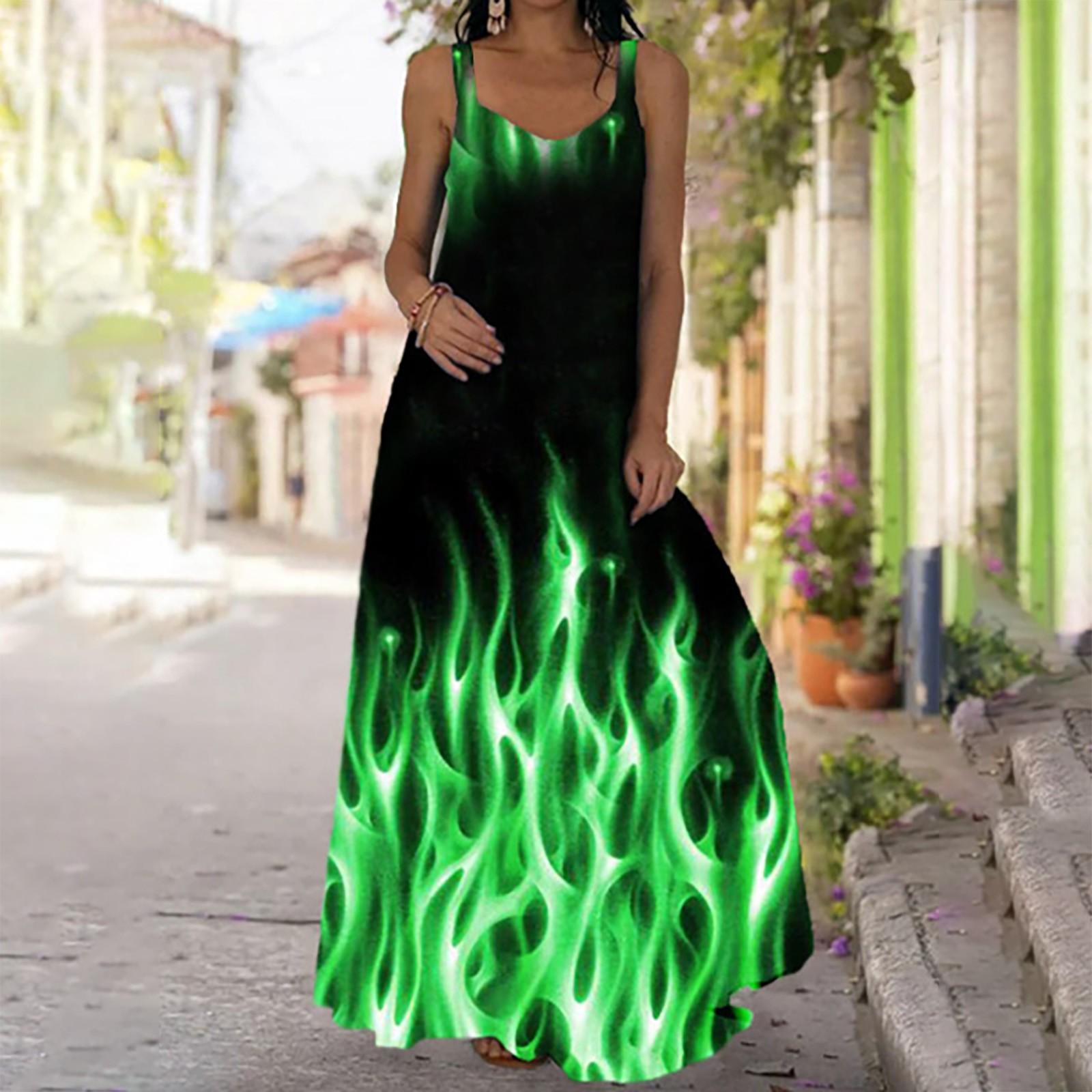 Women Casual Tie Dyed 3D  Print Dress Bohemian Drawstring  Long Dress XXL зелёный