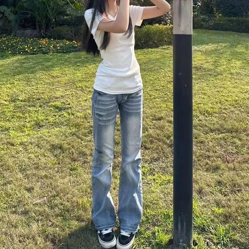 Women s Low Waisted Washed Micro Flare Jeans Slim Fit Retro Stretch Denim Pants for Summer XS синий