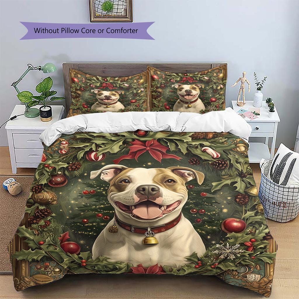 Christmas Pitbull Pattern Bedding Home Decoration Birthday Gift (1 * duvet cover + 2 * pillowcase, without core)