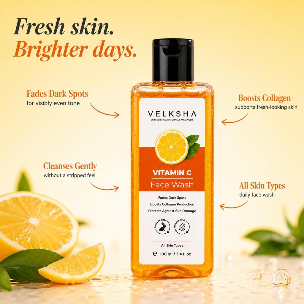 VELKSHA Vitamin C Face Wash with Lemon Extract & Mint Refreshing Brightening Cleanser for Deep Cleansing, Glowing Skin, Dark Spot Care, Oil Contro