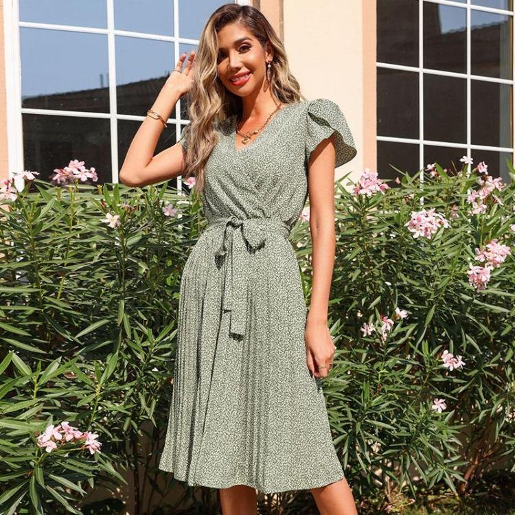Chic Women Summer Green V Neck Long Sleeve Lace Up Pleated A Line Print Dress