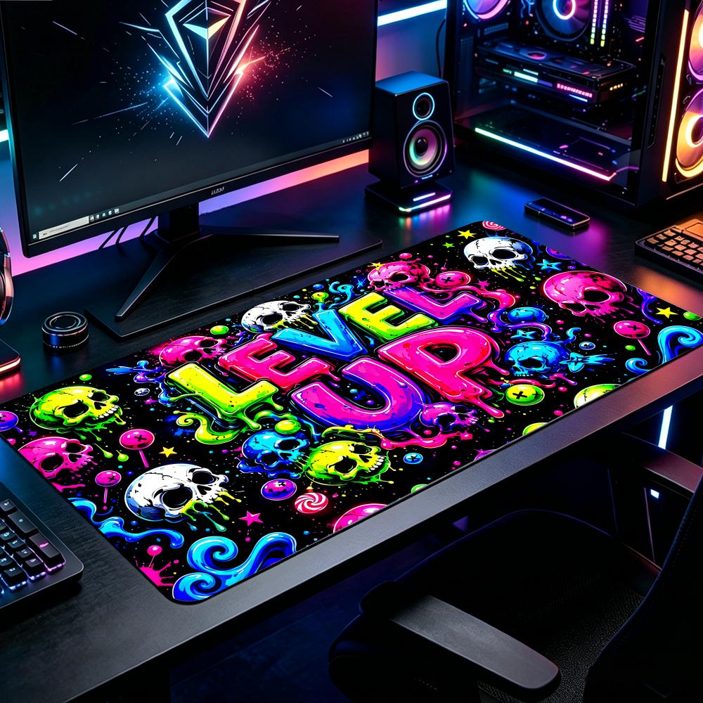 Neon Graffiti Level Up Skull Mouse Pad XXL Large Anti-Slip Rubber Esport Gaming MousePad Durable Office Gamer Long Desk Mat
