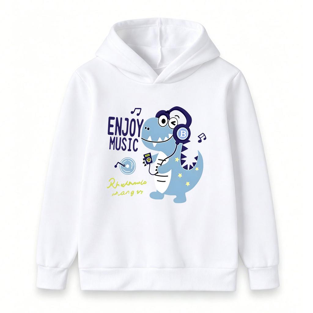 Kids Boys Girls Cute Cartoon Dinosaur Enjoy Music Pattern Pullover Hoodie Casual Soft Long Sleeve Hooded Sweatshirt For Toddler Children Daily