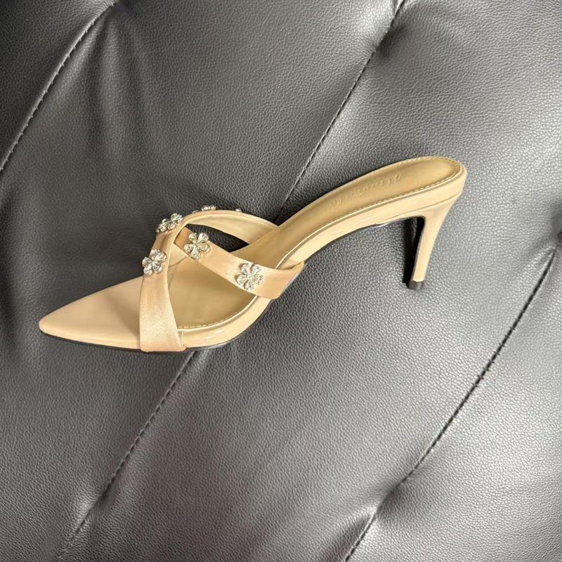 

2025 summer new nude word with rhinestone cross sandals pointed toe thin heel beautiful high heel sandals women 40