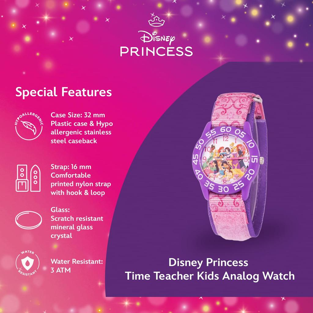 Disney Princess Plastic Time Teacher Analog Quartz Nylon Strap Strap Kids' Watch, Pink,
