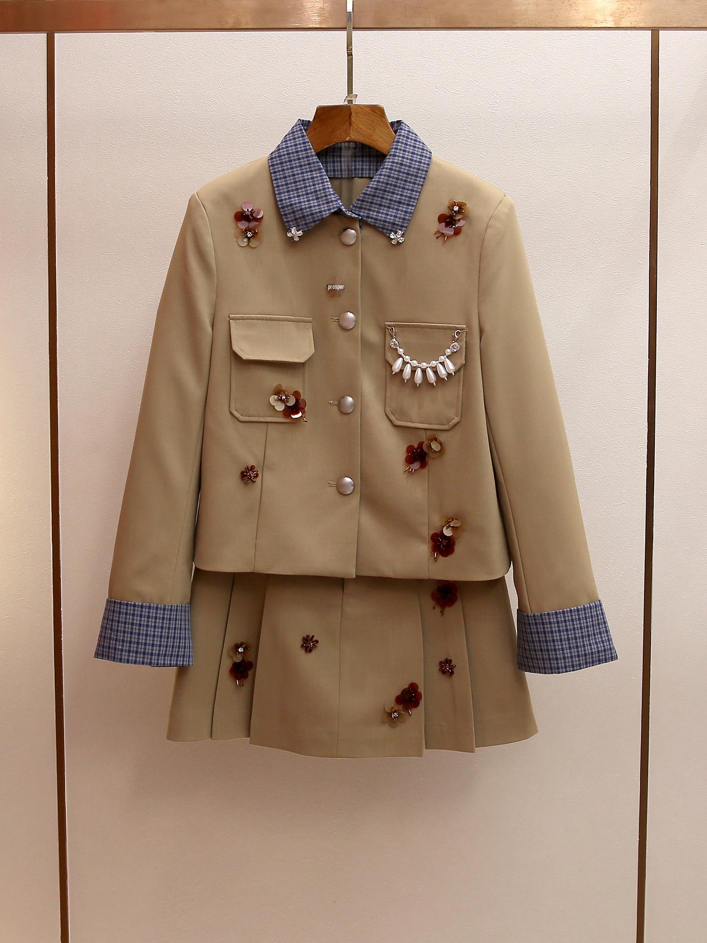Chic Autumn/Winter Beaded Color Block Jacket & Pleated Skirt Set M хаки
