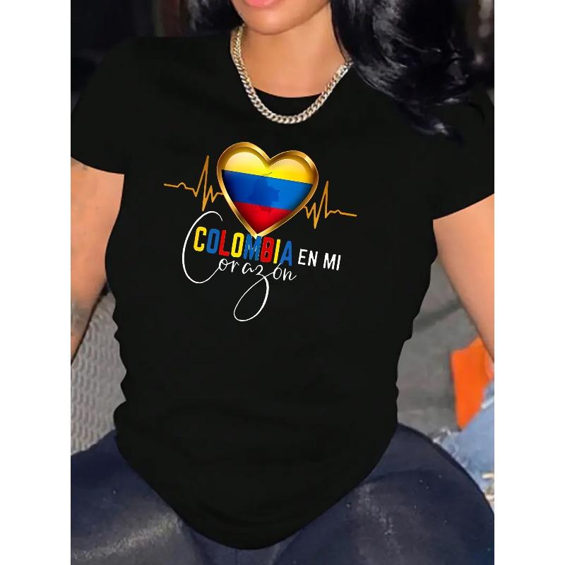 Womens Colombia Heart Graphic T Shirt Casual Short Sleeve Crew Neck Knit Tee Polyester Spandex Blend Medium Stretch Alphabet Print Summer Top