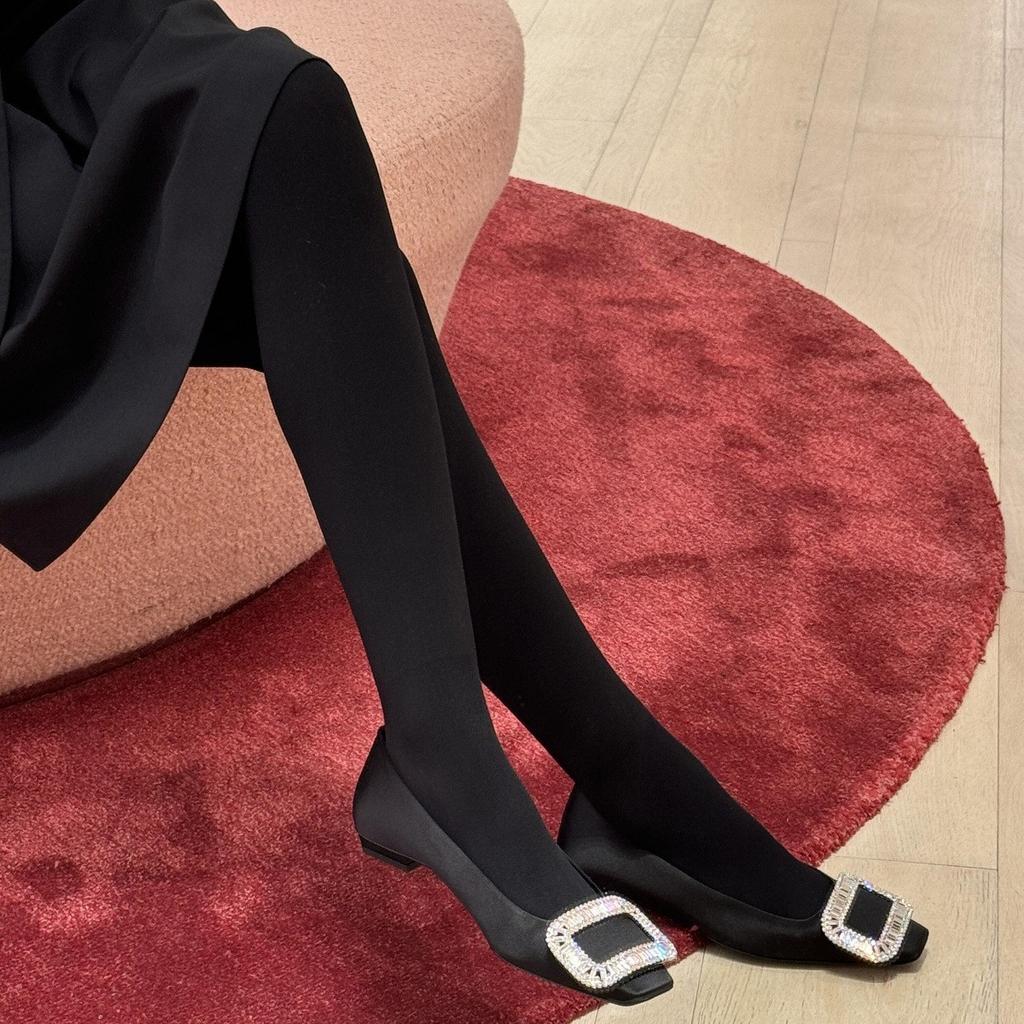 Sheepskin version~ temperament rhinestone square buckle genuine leather Mary Jane shoes women's French beautiful small heels soft sole single shoes