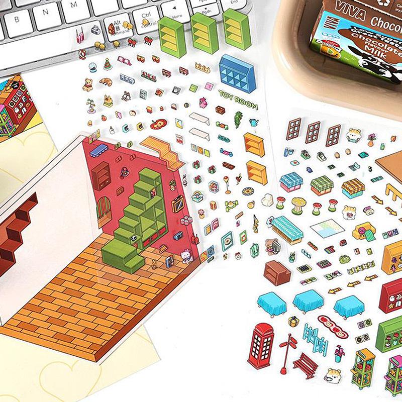 1Set Cartoon 3D Landscape Stickers Pocket Cabin Scene Stacking Pasting Stickers Diy Decoration Stickers Festival Birthday Gifts