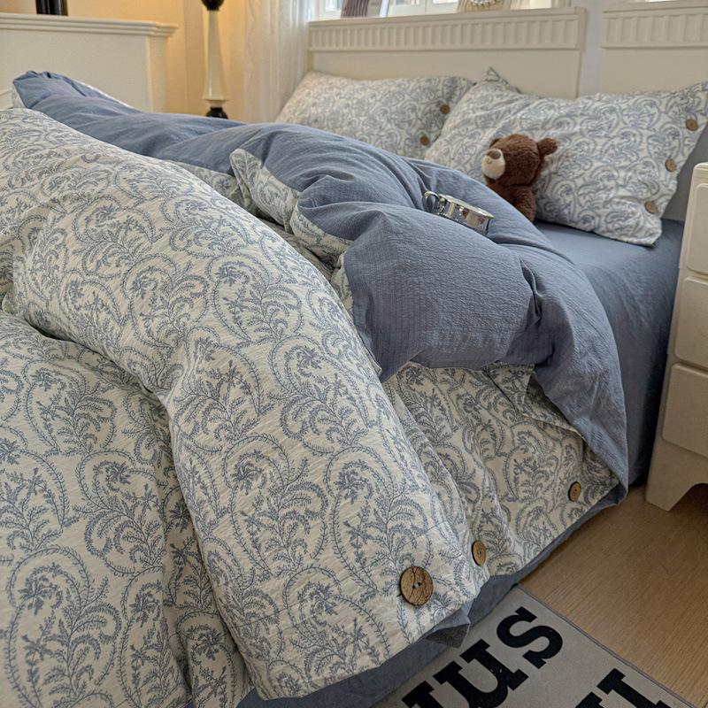 Retro Floral Linen Bedding Set: Autumn & Winter 4-Piece with Button Duvet Cover & Sheet