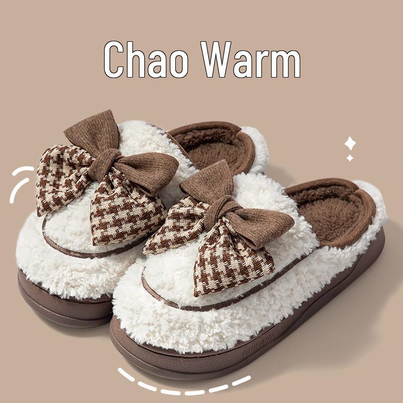 

Женские плюшевые хлопковые тапочки с бантом - Теплые, Нескользящие, Толстая подошва, Пушистые для осенне-зимнего домашнего использования 38-39