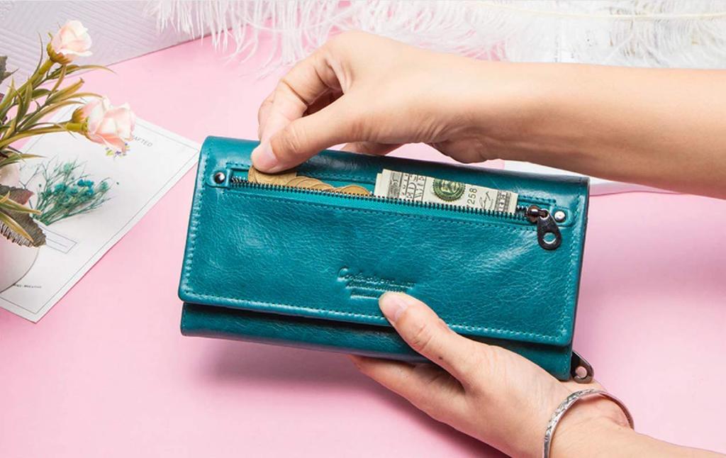 [CONTACTS] Genuine Leather Women's Wallet with RFID and Multi-Function Slim Bi-Fold Zipper Clutch Wallet, Teal Blue