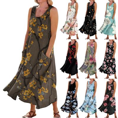 Women's Casual Comfortable Floral Print Sleeveless Cotton Pocket Dress