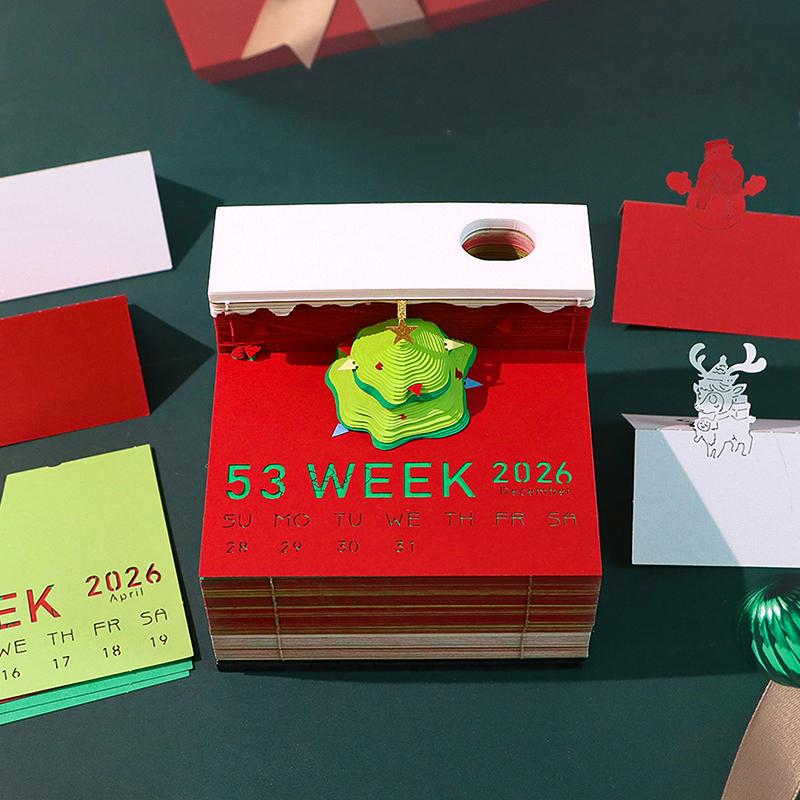 Time Piece Calendar 2026 Desk Calendar With Led Light 3D Tear-Away Calendar Paper Carving Art Memo Pad Notepad Gift Christmas